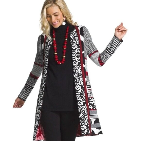 Chico’s Black Red Mixed Pattern Geometric Natasha Cardigan Size 1 - Picture 1 of 12